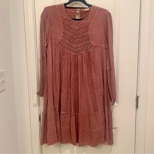 Kings Road Bohemian Lace Long Sleeve Lace Dress in Dusty Rose Mauve Size Medium
